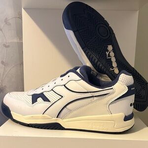 Diadora White & Navy Leather Athletic Sneakers